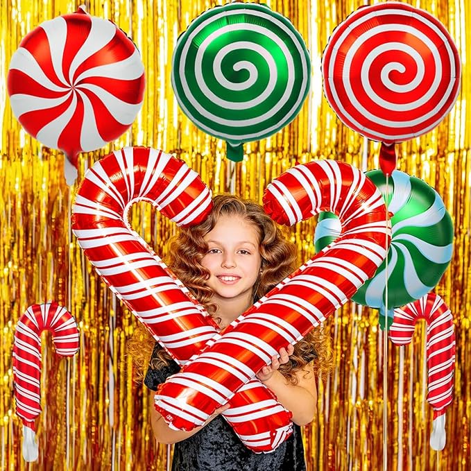 64Pcs Christmas Balloons Kit, Candy Cane Foil Balloons with Ribbons, Red Green Mylar Balloon for Party Decorations