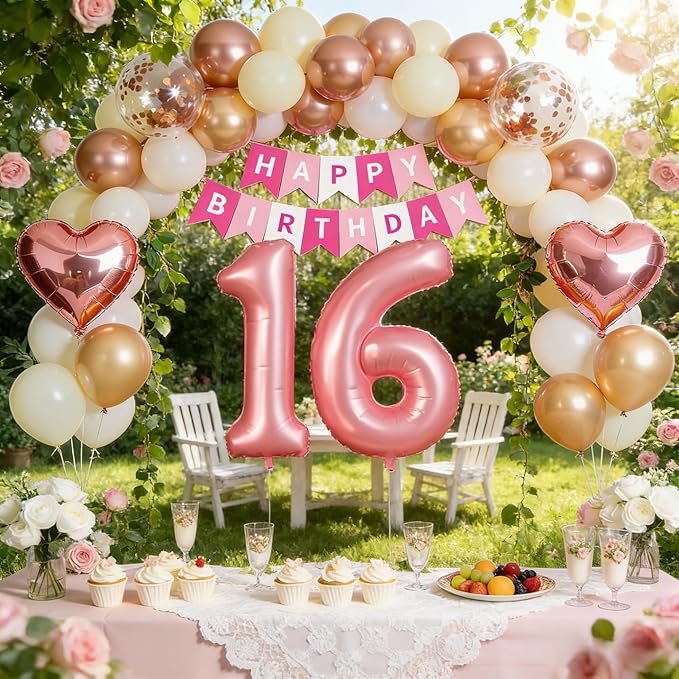 16th Birthday Decorations for Girls, Rose Gold and Hot Pink Sweet 16 Party Supplies with Happy Birthday Banner, Number 16 Balloon and Foil Fringe Curtains