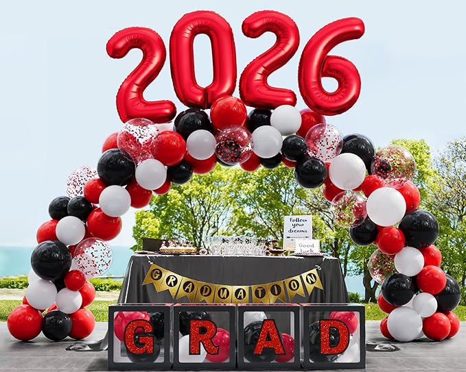 Graduation Party Decorations Class of 2026, 86PCS Red & Black Graduation Party Supplies High School College Grad Balloon Boxes with Letter, Foil Curtains, LED String Light, Balloon Garland Kit