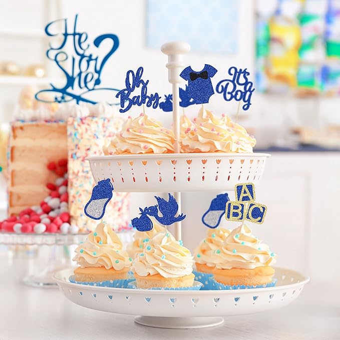 24Pcs Baby Shower Oh Baby Cupcake Toppers with Bow Onesie Bottle Boy Deep Blue Glitter Cake Picks Decorations for Baby Shower Gender Reveal It's a Boy Birthday Party Supplies