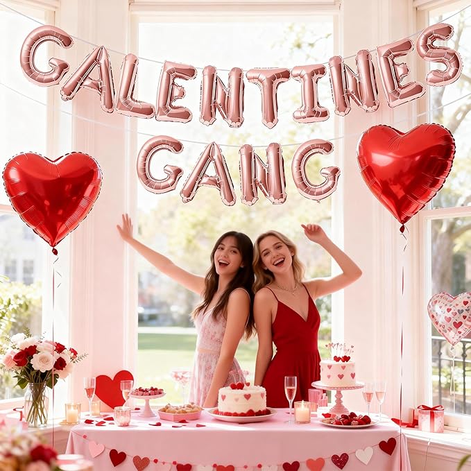 Galentines Day Balloons Banner, 16 Inch Rose Gold Galentines Gang Letters Balloons Decorations 18 Inch Red Heart Foil Mylar Balloon for Women Girls Ladies Galentine's Valentines Day Party Decoration