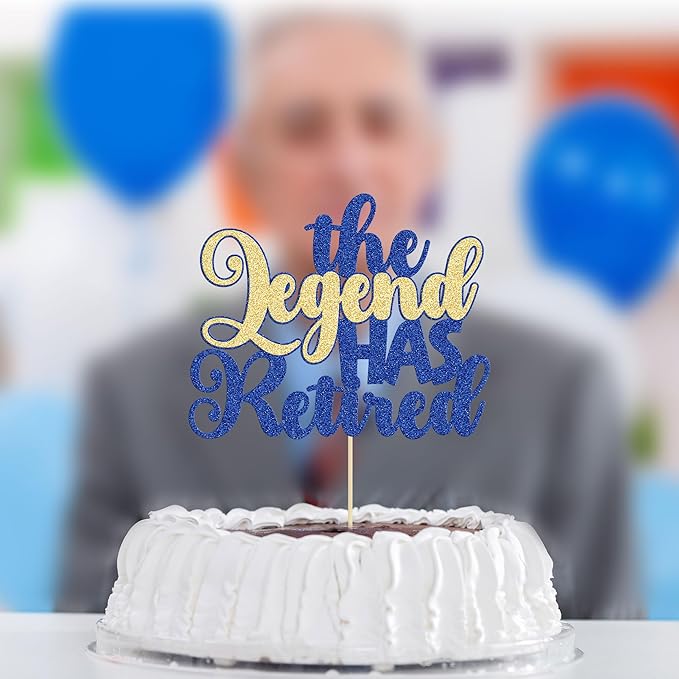 Gyufise 1Pc The Legend Has Retired Cake Topper Glitter Goodbye Hello Tension Pension Cake Pick for Happy Retirement Farewell Theme Party Decoration Supplies Blue Gold