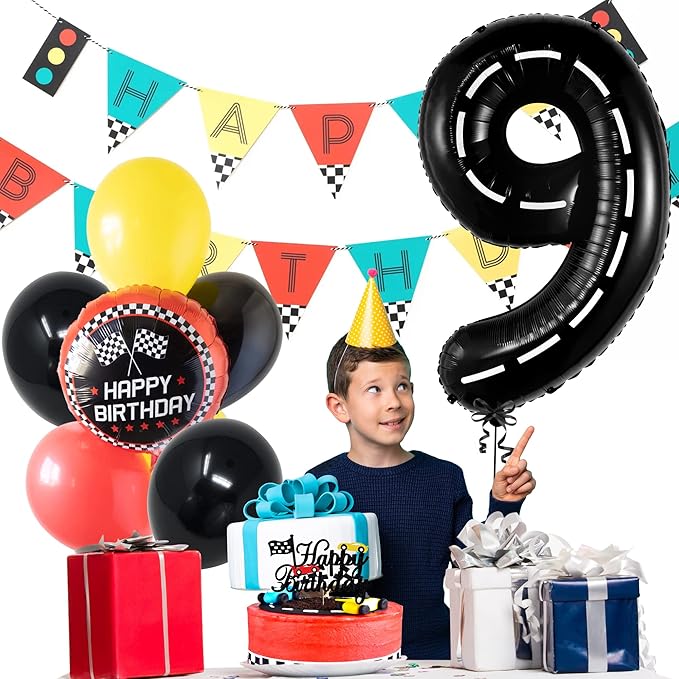 KatchOn, Giant Checkered Number 9 Balloon - 40 Inch | Foil 9 Birthday Balloon for 9th Birthday Decorations | 9th Anniversary Decoration | Race Car Party Decoration | Black Party Decor