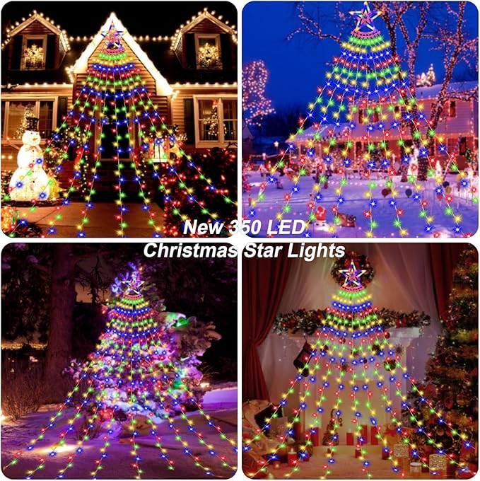 Christmas Decoration Lights, Outdoor Christmas String Lights 320 LED 11.5 Ft Waterfall Tree Light with Big Star Topper 8 Light Modes for Xmas New Year Holiday Garden Yard Indoor Outdoor Decor