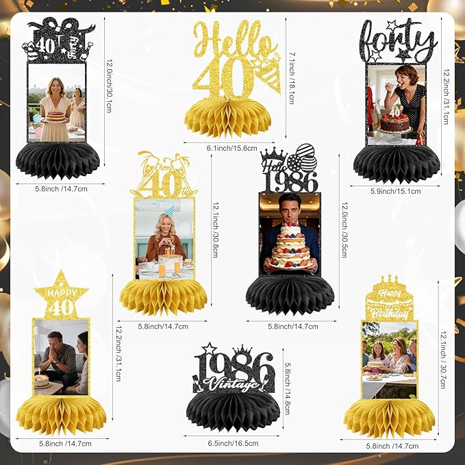 8Pcs 40th Birthday Decoration for Men Women Happy 40th Birthday Table Decorations Cheers to 40th Honeycomb Centerpieces Birthday Party Decorations Black and Gold 40th Birthday Party Favors