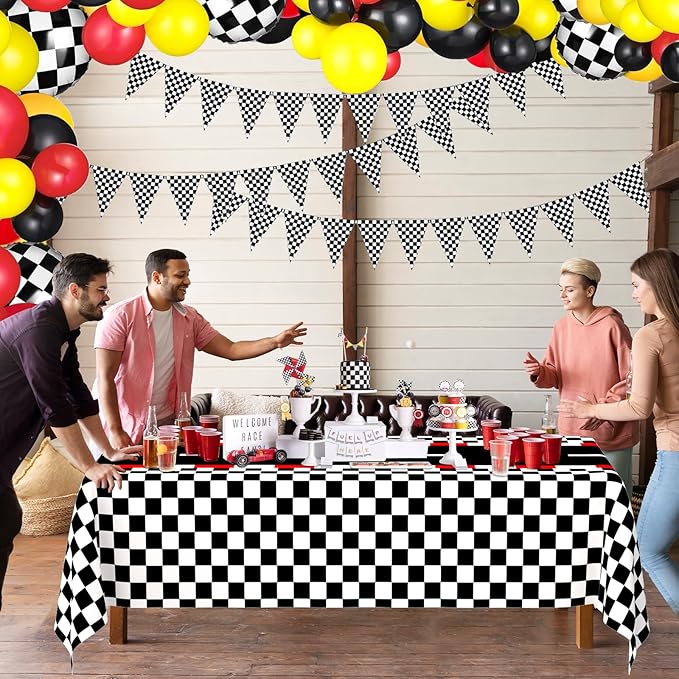 WNINK 4 Pack Race Car Table Cloth and Black White Gingham Tablecloths Disposable Plastic Buffalo Check Tablecloth Checkered Flag Covers for Birthday, Outdoor Picnic, Birthday, Camping 54 × 108 Inch