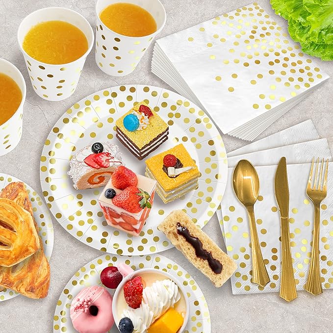 AIRE 350PCS White and Gold Paper Plates Party Supplies for 50 Guests Disposable Party Decorations Dinnerware Gold Paper Plates Napkins Cups Gold Plastic Forks Knives Spoons for Wedding Birthday
