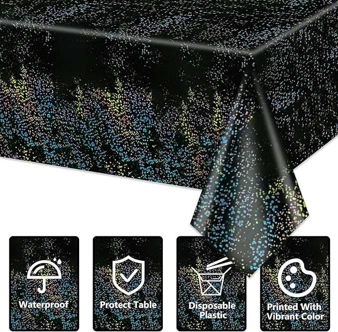 4Pcs Black Holographic Tablecloth Rectangular Black Iridescent Tablecloth Shimmer Metallic Table Covers for Halloween Anniversary Graduation Retirement Party Supplies, 54 x 108inch