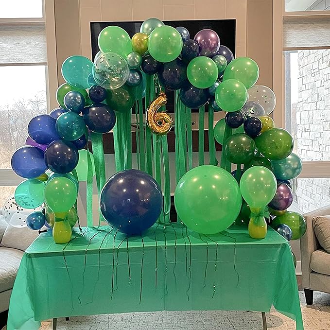 134Pcs Blue and Green Balloon Garland Kit, Navy Blue Dark Green Gold Balloon Arch Kit with Metallic Chrome Balloons, Dinosaur Helium Latex Balloons for Dino Jungle Safari Birthday Party Decorations