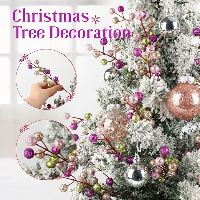 HOHOTIME 24 Pack Artificial Berry Stems Branches, Christmas Faux Champagne Pink Lime Purple Holly Colorful Berries Branch Ornaments for Christmas Tree Wreath DIY Craft Decorations Holiday Home Decor