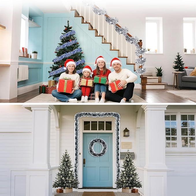 39.5 Ft Christmas Tinsel Garland, Reusable Holiday Metallic Christmas Tree Garland Decoration for Xmas, Wedding, Birthday, Home Party Decor (Green and White)