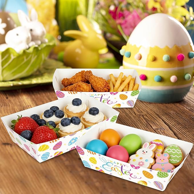 100 Pcs Easter Food Trays, Happy Easter Decor Serving Trays, 2 Style Disposable Paper Spring Decor, Large Multicolor Egg Decoration for Party Table Supplies for Snack Food, 5.94 X 3.34 X 2.16 Inches