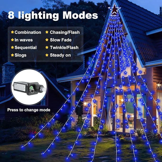 Christmas Decorations Outdoor Lights,11.5 ft 317 LED Star Christmas Tree Lights,8 Memory Lighting Modes&Timer Christmas Star Lights for Yard,Wedding,Party,Christmas Decorations (Blue)
