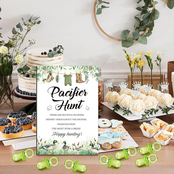Thyle 51 Pcs Mallard Duck Pacifier Hunt Baby Shower Games Include Hunt Sign and 50 Acrylic Pacifiers for duck hunting Baby Shower Game Decoration Sets Gender Reveal newborn announcement Party Decor