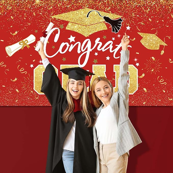 Graduation Party Decorations - Red Gold Congrats Grad Class of 2026 Backdrop Banner Large Sign Wall Decorations Photography Background Party Supplies for 2026 Graduation Party Decorations