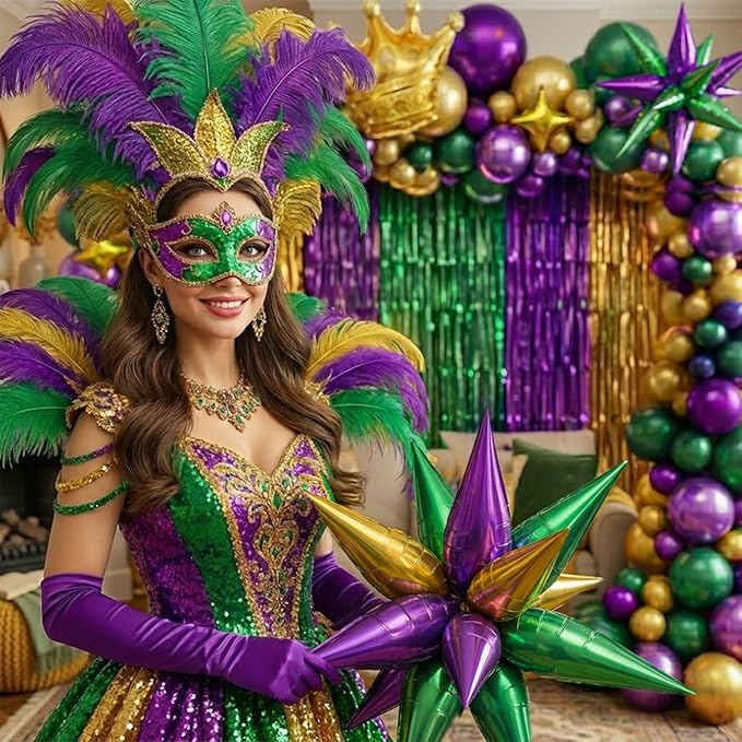 Mardi balloon garland arch kit Purple green gold with star Crown and Crown Mask Balloons for Gorgeous Funny Grand Fat Tuesday Party decorations