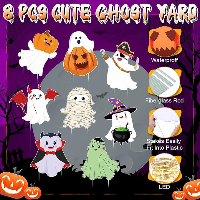 Amyhill 8 Pcs Lighted Cute Ghost Yard Signs Halloween Decorations Outdoor Yard Stakes Spooky Pumpkin Ghost Witch Garden Signs with Stakes for Halloween Happy Boo Party Lawn Patio Outdoor (Classic)