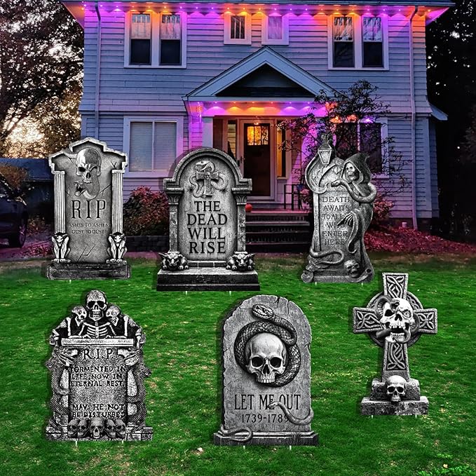 Spooky Outdoor Halloween Tombstones Decor, Large Graveyard Ghost, Snake, Skeletons, 6pcs 11.5“x16.53 Waterproof Scary Gravestones for Home, Party, Cemetery Halloween Decor