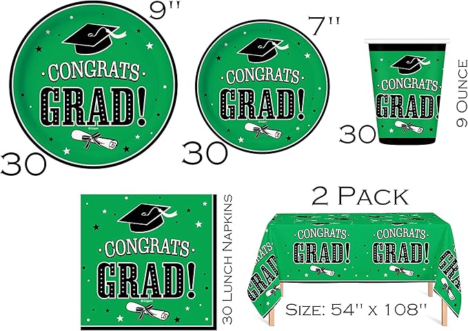 Serves 30 | Ultimate Party Pack | Congrats Grad Green Party Supplies | 9" Dinner Paper Plates | 7" Dessert Paper Plates | 9 oz Cups | 3 Ply Napkins | 2 Table Cover | 20 Photo Props | 12 Swirls | 30