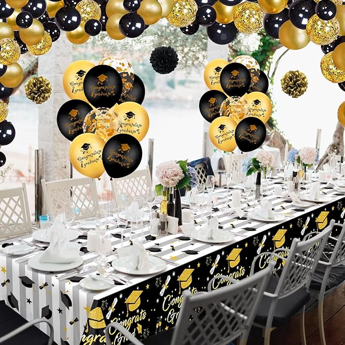 Graduation Tablecloth Party Decorations 2026, 3 Pack Thick Black and Gold 54"x108" Congrats Grad Disposable Table Covers Plastic Cloth Tablecover for College High School Class of 2026 Party Supplies