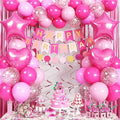 Pink Birthday Decorations for Girls, Hot Light Pink Balloon Garland Arch Kit Happy Birthday Banner Foil Curtain Heart Star Foil Party Balloons for Princess Party Decor