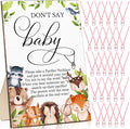 Geetery 51 Pcs Don't Say Baby Game Sign Cool Baby Shower Game 50 Pacifier Necklace Wooden Don't Say Sign Plastic Pacifier Party Favor for Gender Reveal(Woodland,Pink)