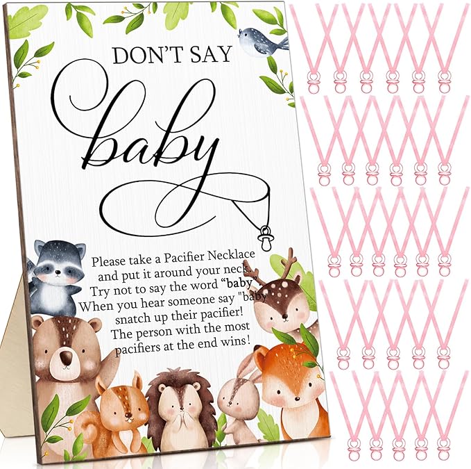 Geetery 51 Pcs Don't Say Baby Game Sign Cool Baby Shower Game 50 Pacifier Necklace Wooden Don't Say Sign Plastic Pacifier Party Favor for Gender Reveal(Woodland,Pink)