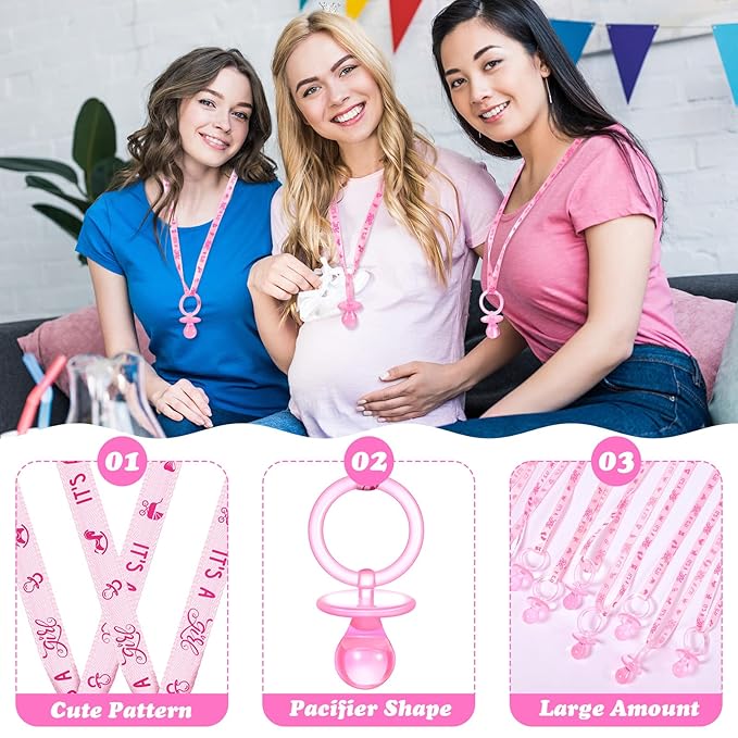 Coume 36 Pcs Shower Party Pacifiers Necklace Acrylic Pacifiers Charm Necklace for Shower Party Decorations Gender Reveal Table Scatter(Pink)
