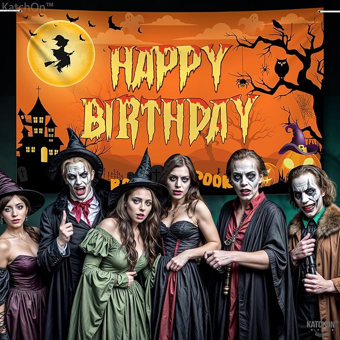 KatchOn, Halloween Happy Birthday Banner - XtraLarge, 72x44 Inch | Spooky Halloween Banner for halloween Birthday Party Decorations | Happy Birthday Backdrop, birthday Decorations Indoor