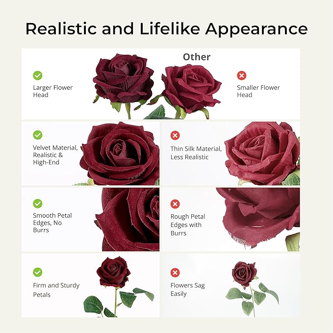 Auihiay 104PCS Burgundy Roses, Vivid Silk Velvet Artificial Roses, Lifelike Faux Roses for Bridal Bouquet, Home Decor, Valentine's Day, Wedding Centerpieces, Engagement Party
