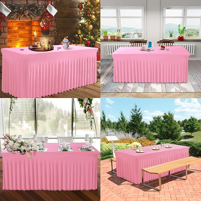 Table Skirt for 4 Foot Tables - 2 Pack One-Piece Pink Tablecloths and Skirt, Wrinkle Resistant Ruffles Elastic Cover for Banquets, Weddings, Events, Parties