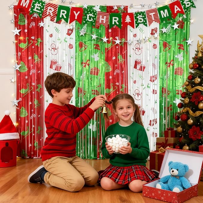 3 pack Christmas Party Decorations with Merry Christmas Banner and Foil Fringe Curtains, 3.3ft×6.6ft Red Green Tinsel Streamer Backdrop for Xmas Photo Booth Props Friendsmas Party Decor
