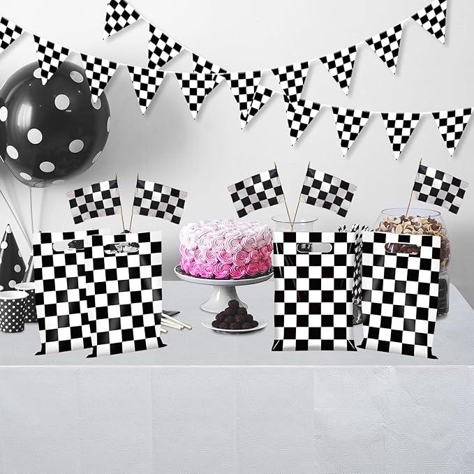 50 Pcs Black and White Checkered Race Car Party Favor Bags, Plastic Black and White Car Goodie Treat Bags, Racecar Buffalo Plaid Candy Gift Bags for Kids Fast Race Car Birthday Party Decorations