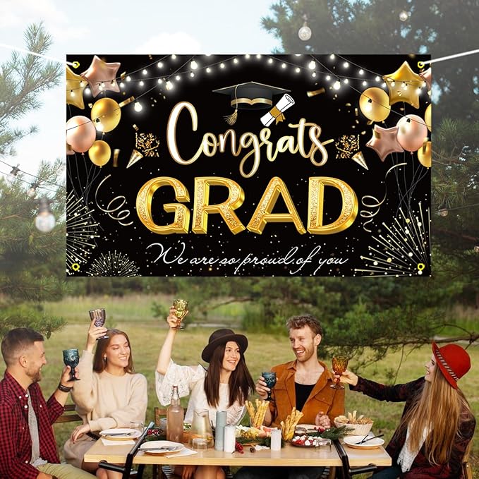 Large Banner and Backdrop for Party, Yard, Garden – Party Supplies for Indoor/Outdoor (Graduation Black)