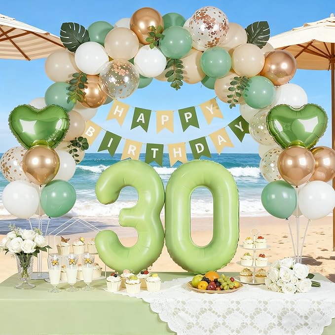 Sage Green 30th Birthday Decorations for Women Men, Dirty 30 Milestone Party Supplies, Sand White & Cream Balloon Kit with Green Number 30 Balloon and Fringe Curtains