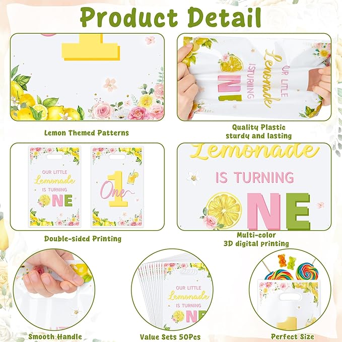 Lemon 1st Birthday Party Favor Bags - 50Pcs Our Little lemonade is Turning One Goody Candy Treat Bags, Summer Lemon Themed Baby First Birthday Party Decorations for Baby Shower
