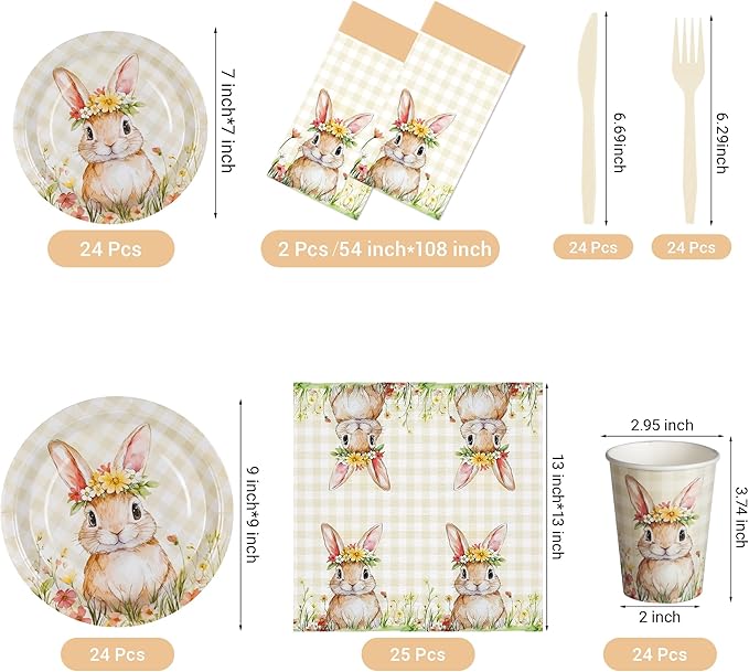 Childom Easter Party Supplies Decorations,147 Pcs Easter Decorations Disposable Tableware Set,Bunny Themed Dinnerware with Plastic Tablecloth Knives Fork,Paper Plates Napkin Cups for Birthday,Parties
