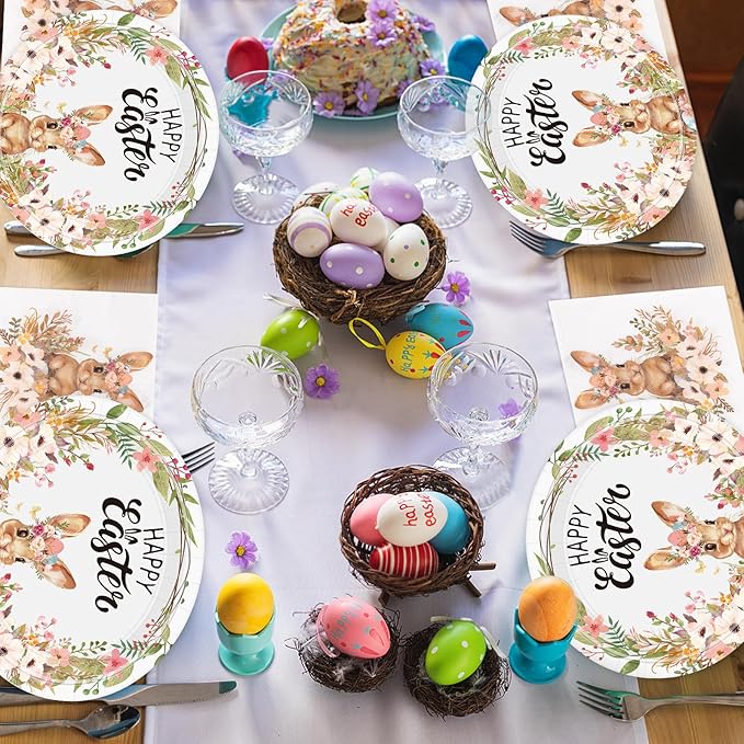 50Pcs Easter Paper Plates and Napkins Set Serve 25 Guests 10" x 12.5" Large Oval Plates and 6.5'' Napkins, Disposable Heavy Duty Easter Tableware Set Plate Bunny Egg Dinnerware Party Supplies