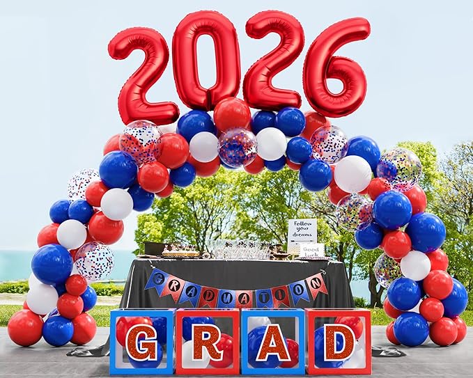 Graduation Party Decorations Class of 2026, 86PCS Red & Blue Graduation Party Supplies High School College Grad Balloon Boxes with Letters, Foil Curtains, LED String Light, Balloon Garland Kit