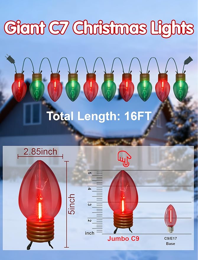16FT Jumbo Red and Greeen Christmas Lights,Outdoor Giant Christmas Decorations Lights with 10 LED Clear Red and Greeen Bulbs for Tree Holiday Home Roof Yard Garden Decorations