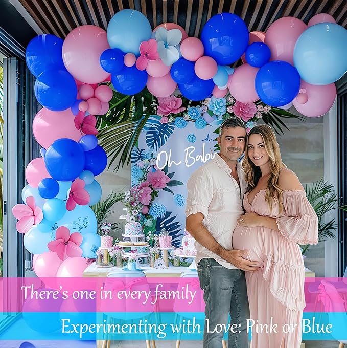 Pastel Blue and Pink Balloon Garland Arch Kit 132Pcs royal blue and baby pink Balloons for Summer Hawaii gender reveal Baby shower Hawaii cartoon halloween trunk or treat birthday party decorations