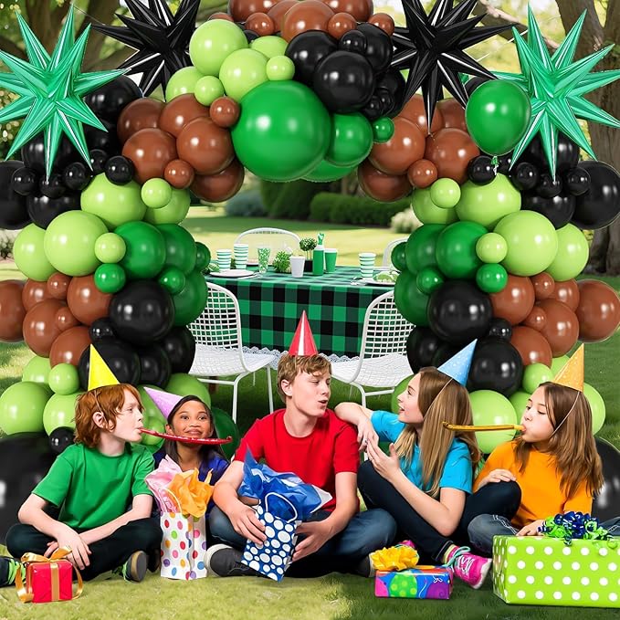 Video Game Balloon Arch Garland Kit with Green Black Brown Balloons Star Foil Balloon for boys Video Game Birthday Decorations