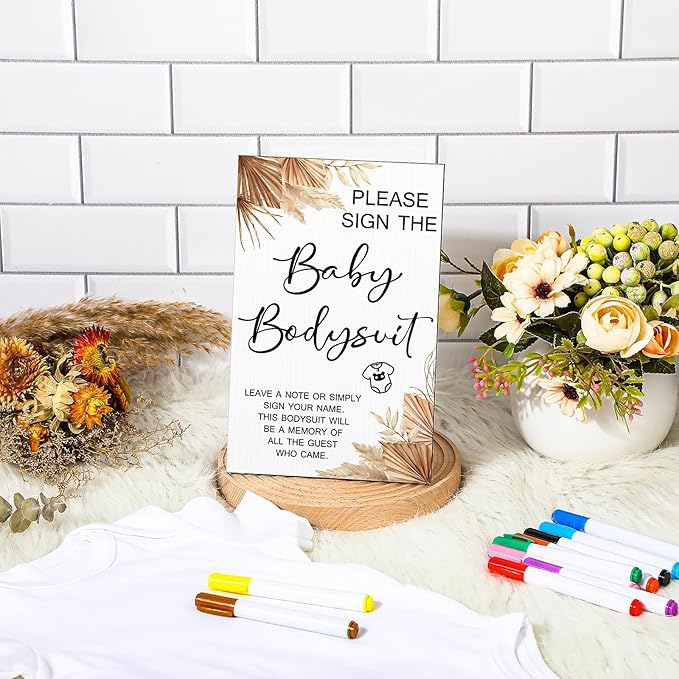 Qunclay 12 Pcs Baby Shower Game Decor with White Unisex Bodysuit Wooden Sign Tabletop Decor and Marker for Guests(Boho)