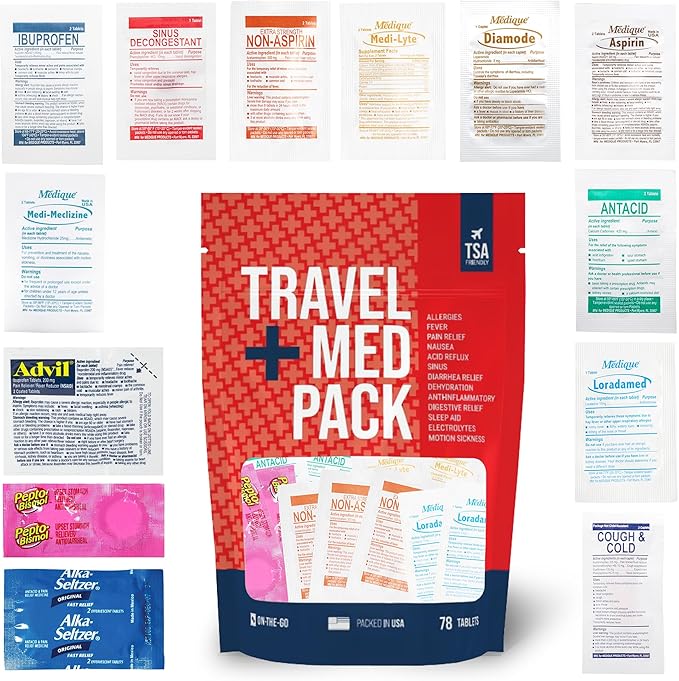 Travel Medicine Kit - 78-Piece TSA-Friendly Med Pack for Flights, Cruises & International Travel | Individually Wrapped Medication Essentials for Any Occasion
