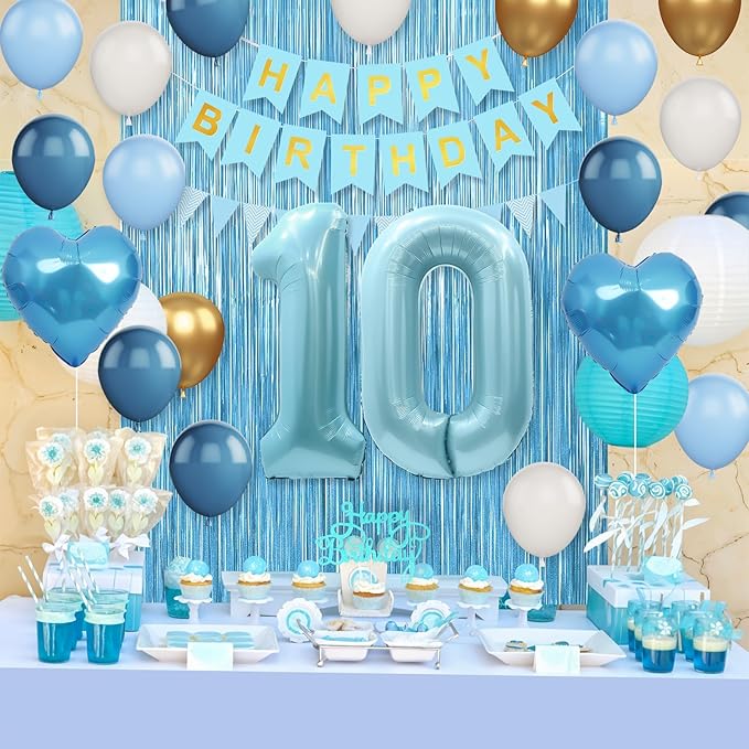 10th Birthday Decorations Blue White Gold,10th Birthday Balloons with Happy Birthday Banner Fringe Curtain Heart Foil Balloons for Boys Girls 10 Year Old Birthday Decor