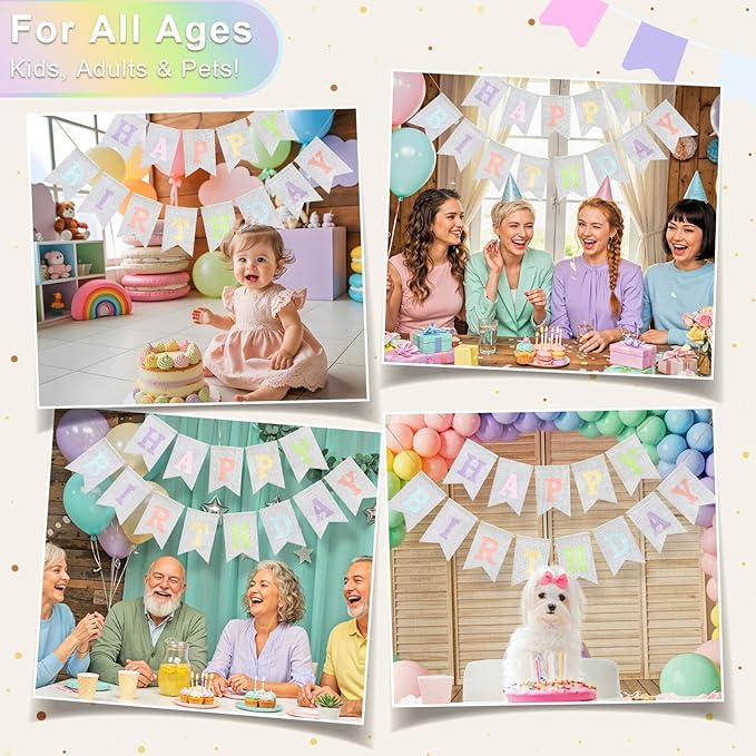 Happy Birthday Banner - Pre‑Strung Burlap Birthday Decorations and Reusable Birthday Sign for Men, Women & Kids | Party Supplies Backdrop (Macaron)
