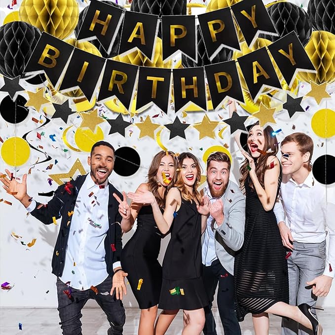 Birthday Decoration with Black&Gold Honeycomb Balls, Stars Hanging Swirl Streamers, Circle Dots Garland, Birthda y Party Decorations for for Birthday Party Decorations