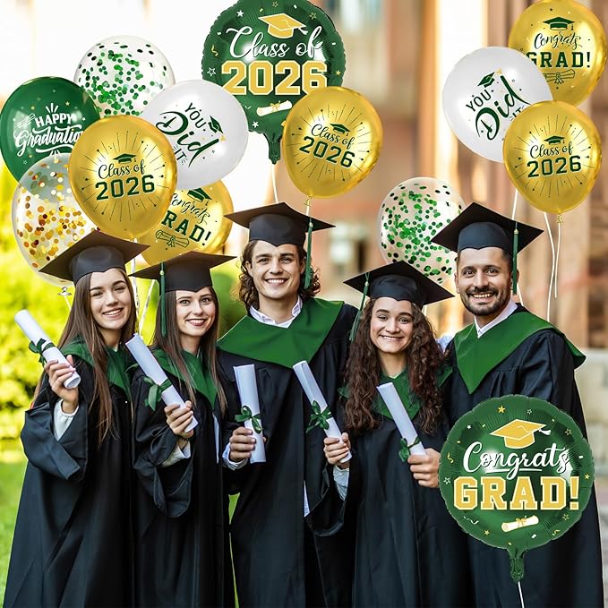 Green and Gold Graduation Balloons Graduation Decorations 2026, 51Pcs Grad Latex Balloons and Grad Foil Balloon with Confetti Ribbons Grad Party Decorations for College High School