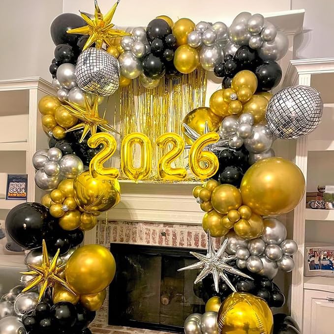 2026 Graduation Balloon Garland Arch Kit, Black Gold Silver Balloon Arch 2026 Graduation Decorations Disco Star Balloons for Grad Celebrations New Year Birthday Party Decorations