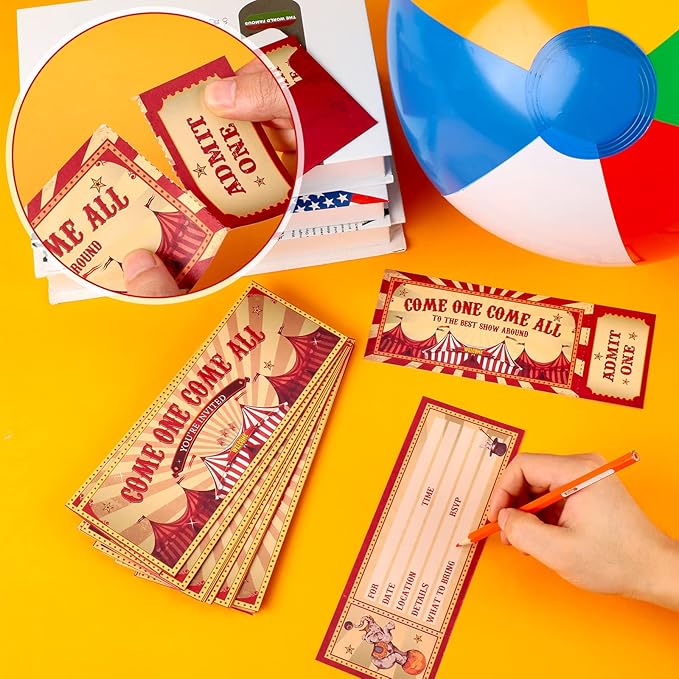 Fuutreo 50 Pcs Circus Party Invitations with Envelopes Vintage Carnival Birthday Invitations Double-sided Fill in Invites for Theme Birthday Party 25 Ticket 25 Envelopes